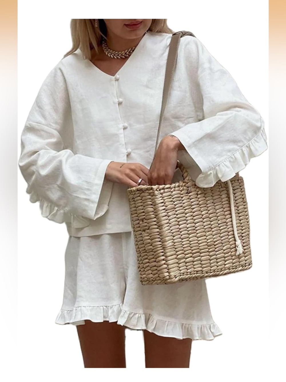 Women's Ruffled Linen Two-Piece Set in Off-White